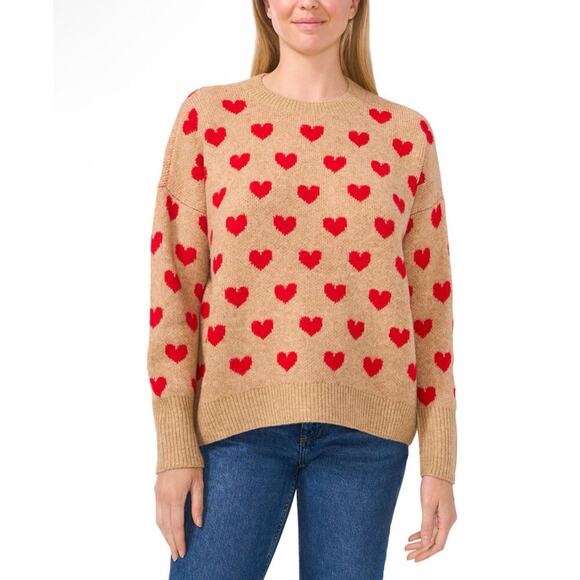 Vince Camuto Heart Crewneck Sweater Women’s M Camel Tan Red Valentine’s Day NWT - Picture 1 of 4